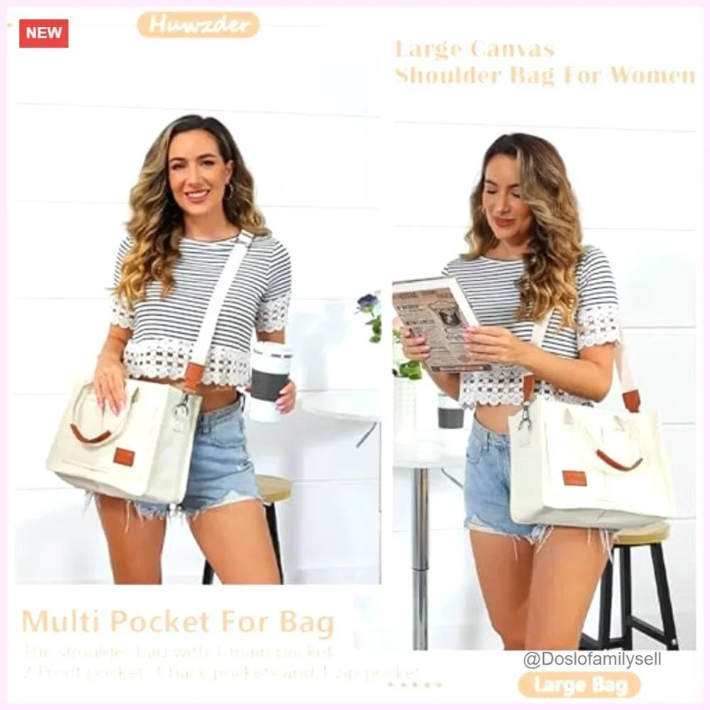 Canvas Tote Bag with Multiple Pockets Adjustable Strap Large Capacity